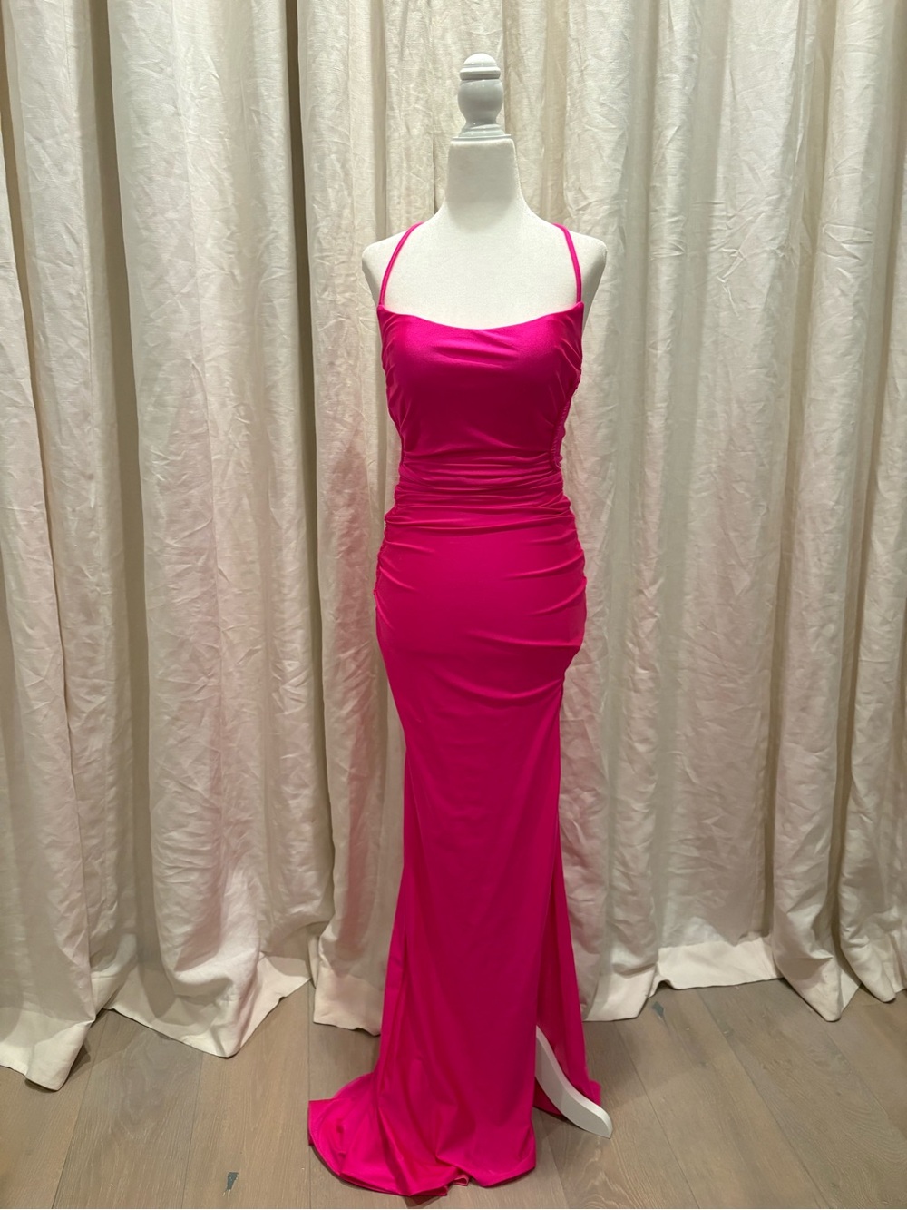 La Femme Vibrant Fuchsia Spaghetti-Strap Maxi Gown